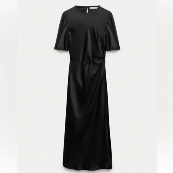 ZARA BLACK SATIN EFFECT WRAP MAXI DRESS XL - Picture 1 of 6